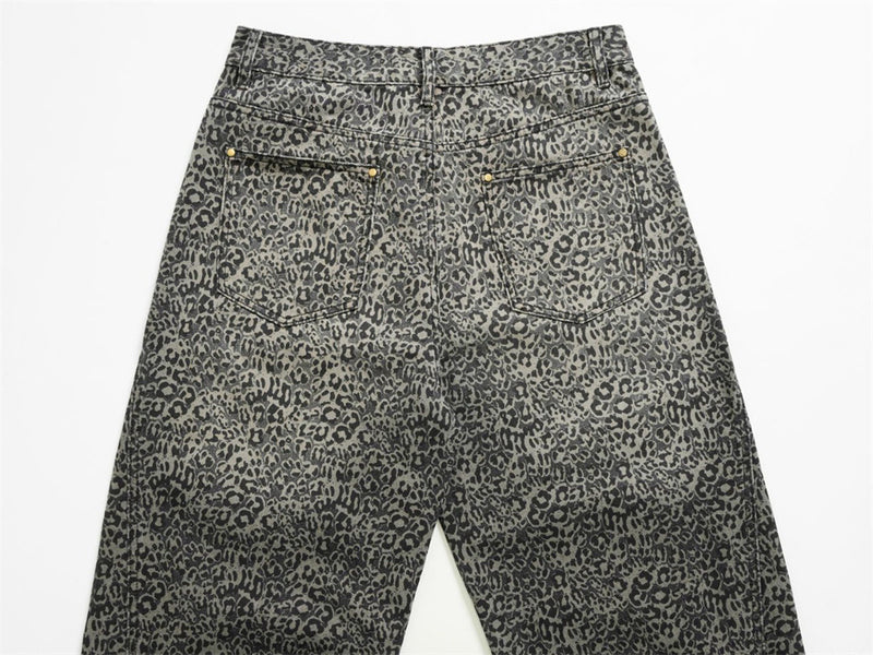 Leopard Print Wide-Leg Jeans – Vintage Washed Oversized Baggy Denim Pants