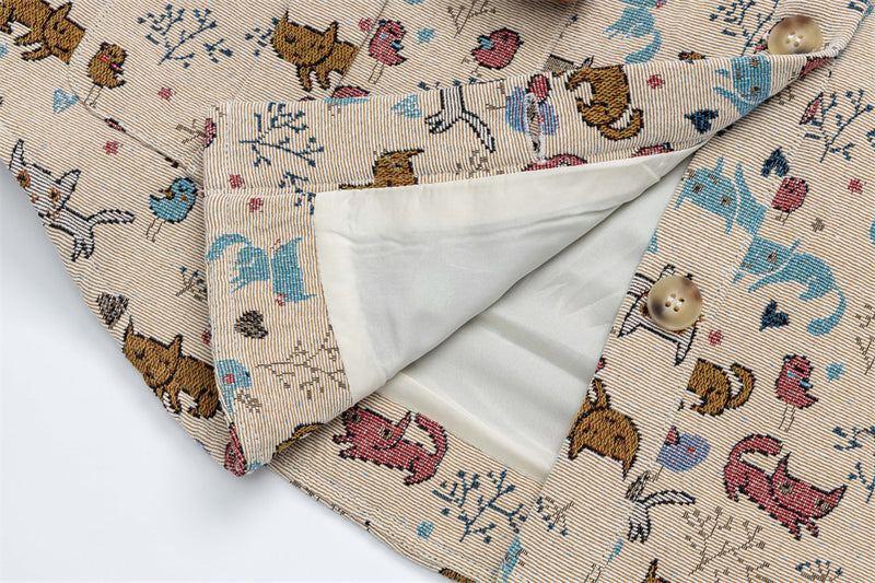 Cartoon Cat Allover Print Jacket with Fleece Collar & 3D Bear Clasp, Relaxed Fit