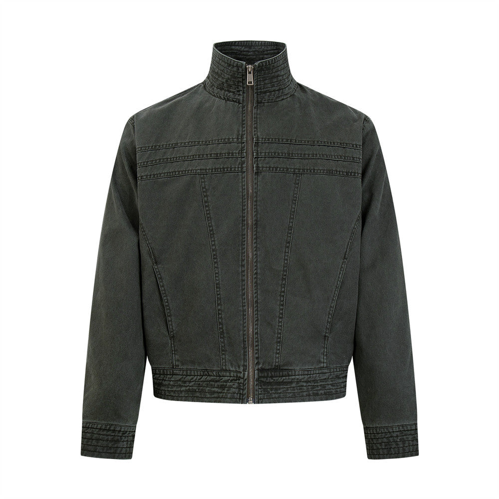 Men's Vintage Washed Stand-Collar Zip Jacket with Deconstructed Panel Seaming