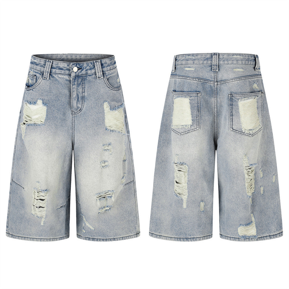 Baggy Jean Shorts Men – Distressed Ripped Denim, Washed Light Blue