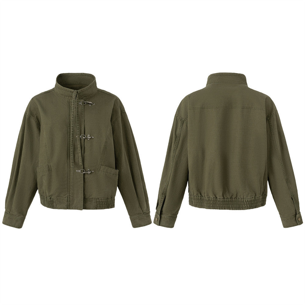 Army Green Stand Collar Metal Clasp Cargo Jacket – Relaxed Cropped Fit
