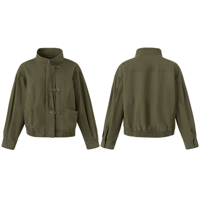 Army Green Stand Collar Metal Clasp Cargo Jacket – Relaxed Cropped Fit
