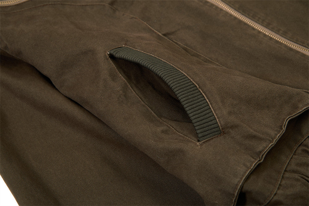 Washed Cargo Bomber Jacket – Men's Oversized Stand Collar with Double Chest Zips