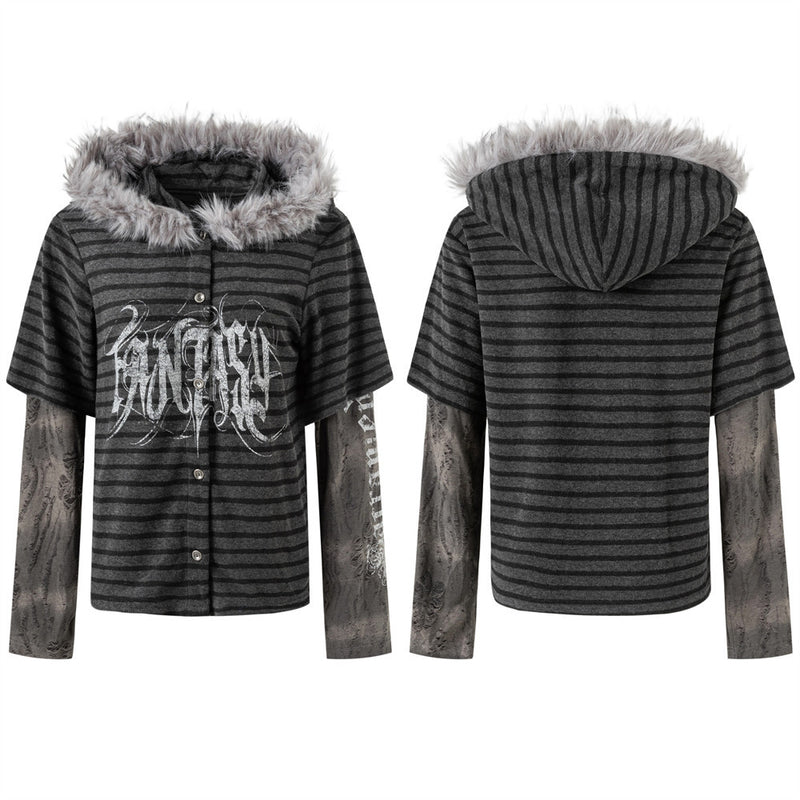 Striped Faux-Layer Gothic Hoodie with Fur-Trim Hood and Graphic Print
