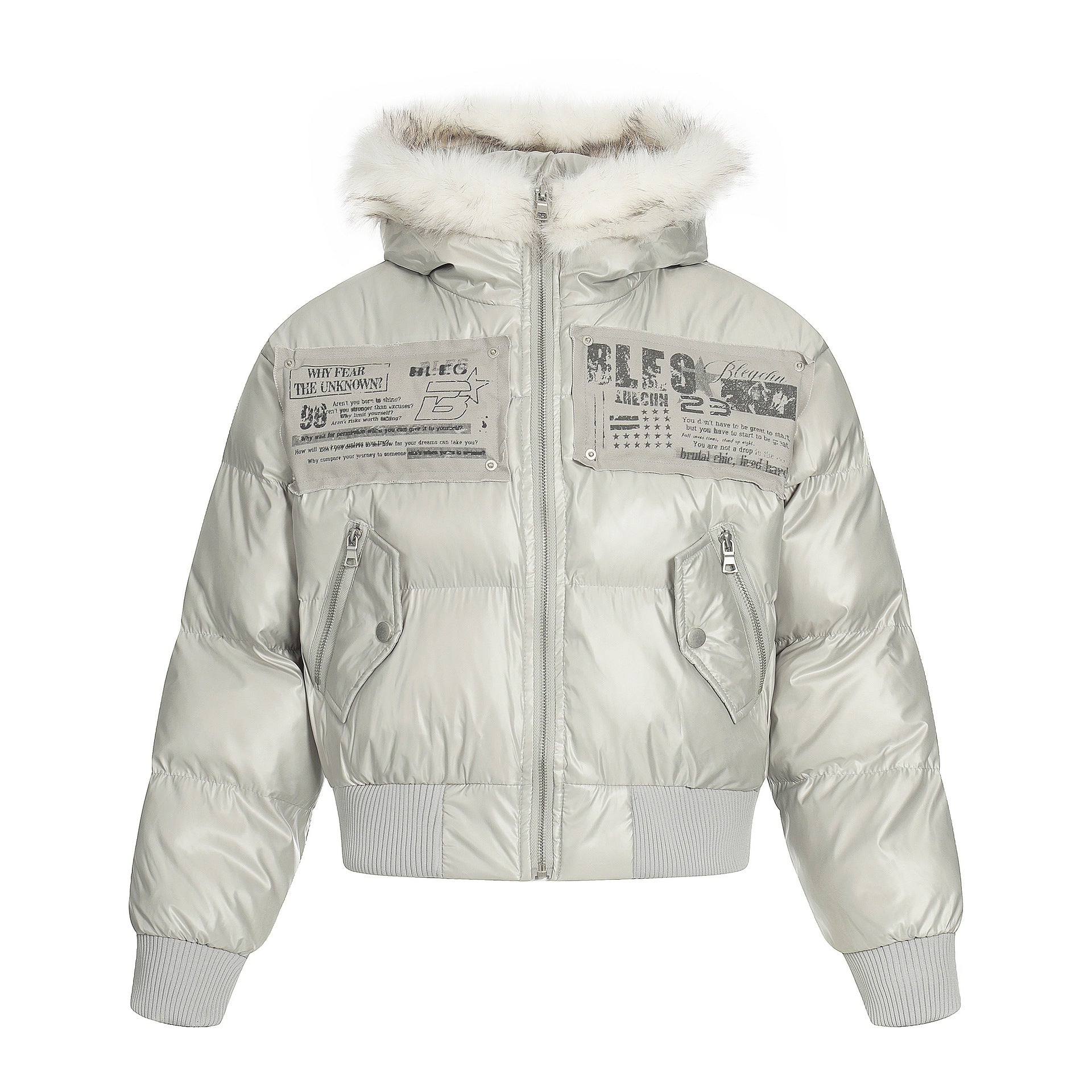 Blouson bomber matelassé court à col en fourrure – Manteau d’hiver à capuche et écussons graphiques