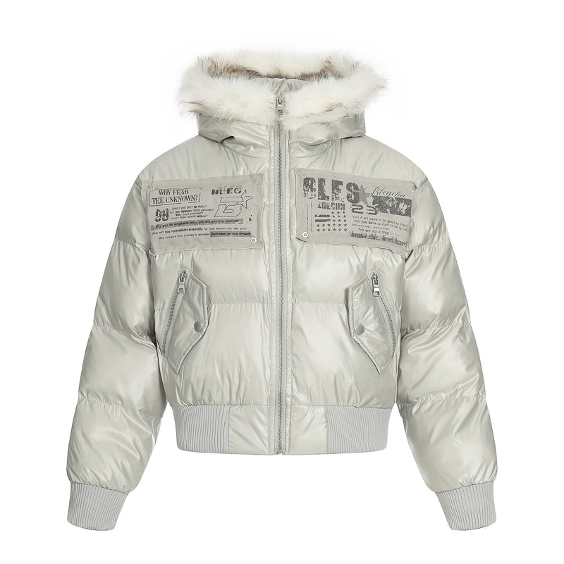 Blouson bomber matelassé court à col en fourrure – Manteau d’hiver à capuche et écussons graphiques
