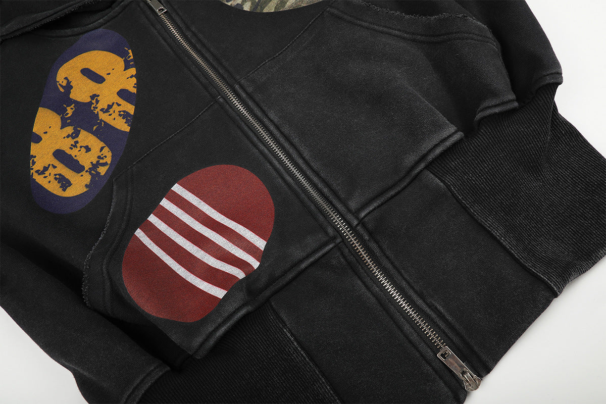 Hoodie zippé court à écussons graphiques vintage – Noir délavé