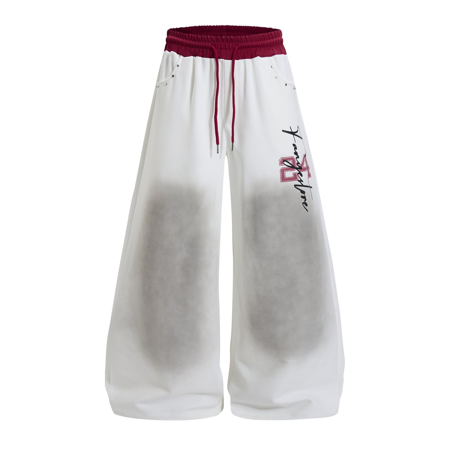 Wide Leg Acid Wash Sweatpants with Contrast Red Waistband & Graphic Print