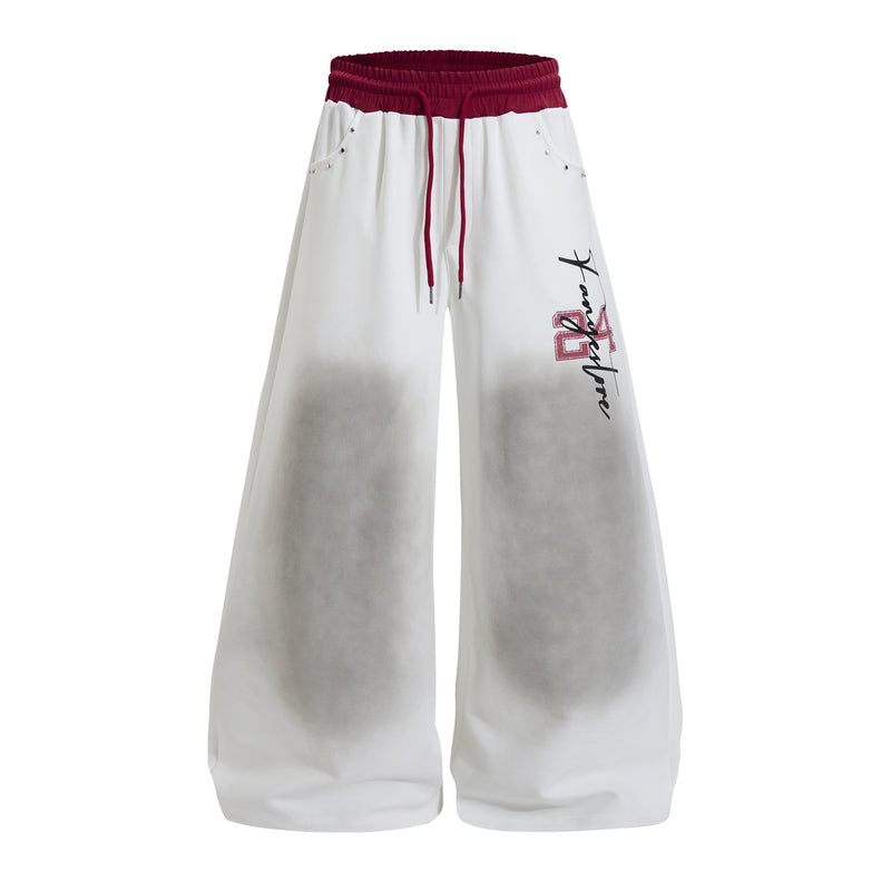 Wide Leg Acid Wash Sweatpants with Contrast Red Waistband & Graphic Print