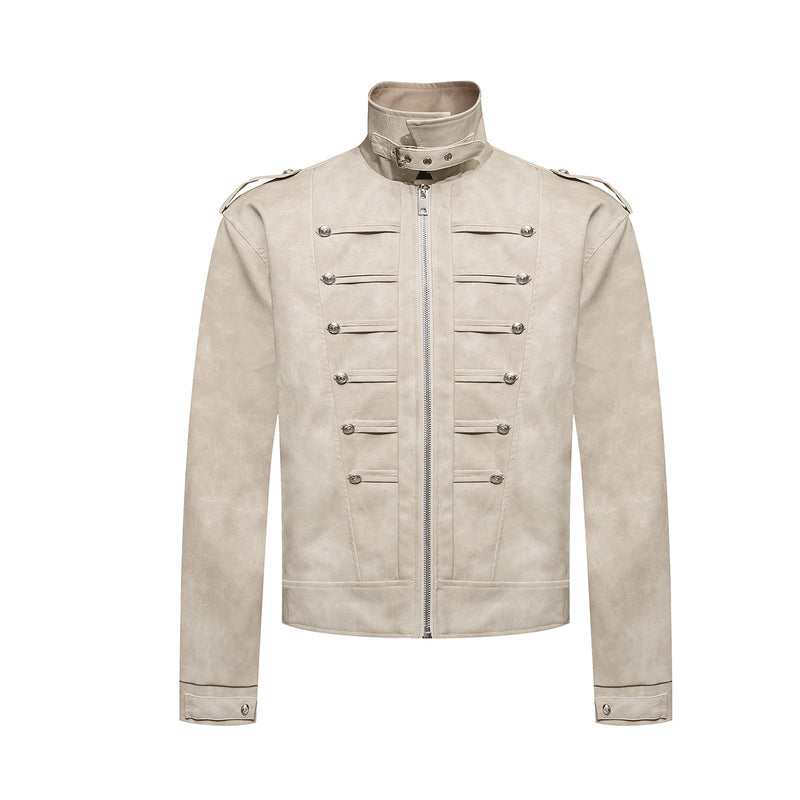 Military-Style Faux Leather Jacket – Punk Band Collar with Decorative Buttons
