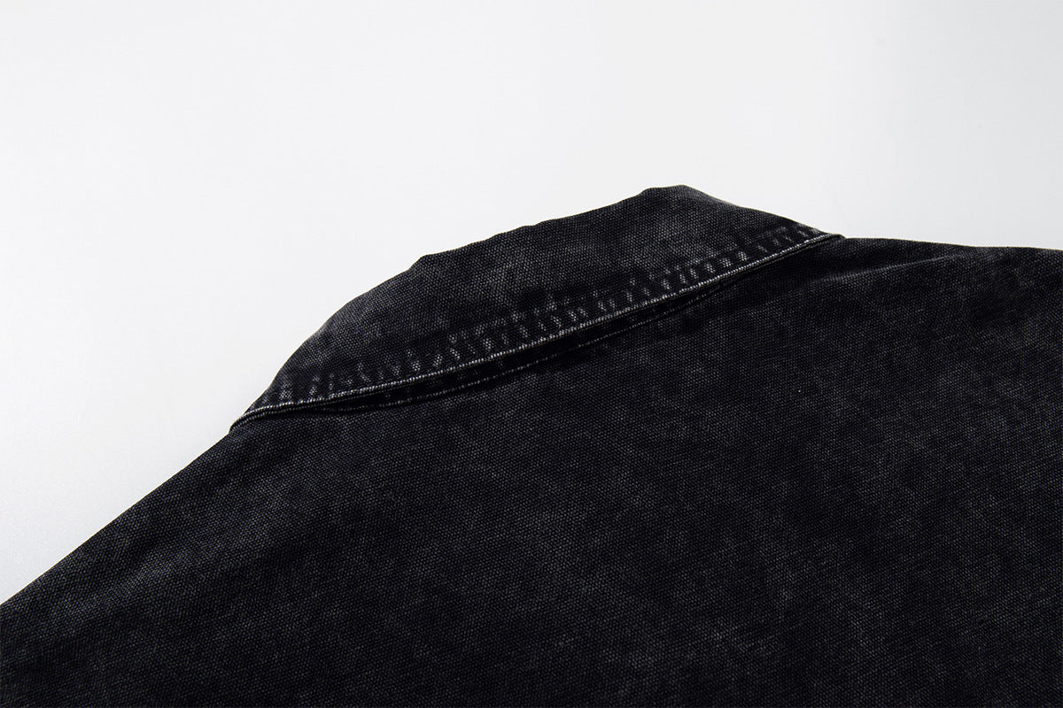 Acid Wash Denim Overshirt with Leather Patch Pockets & Snap Buttons