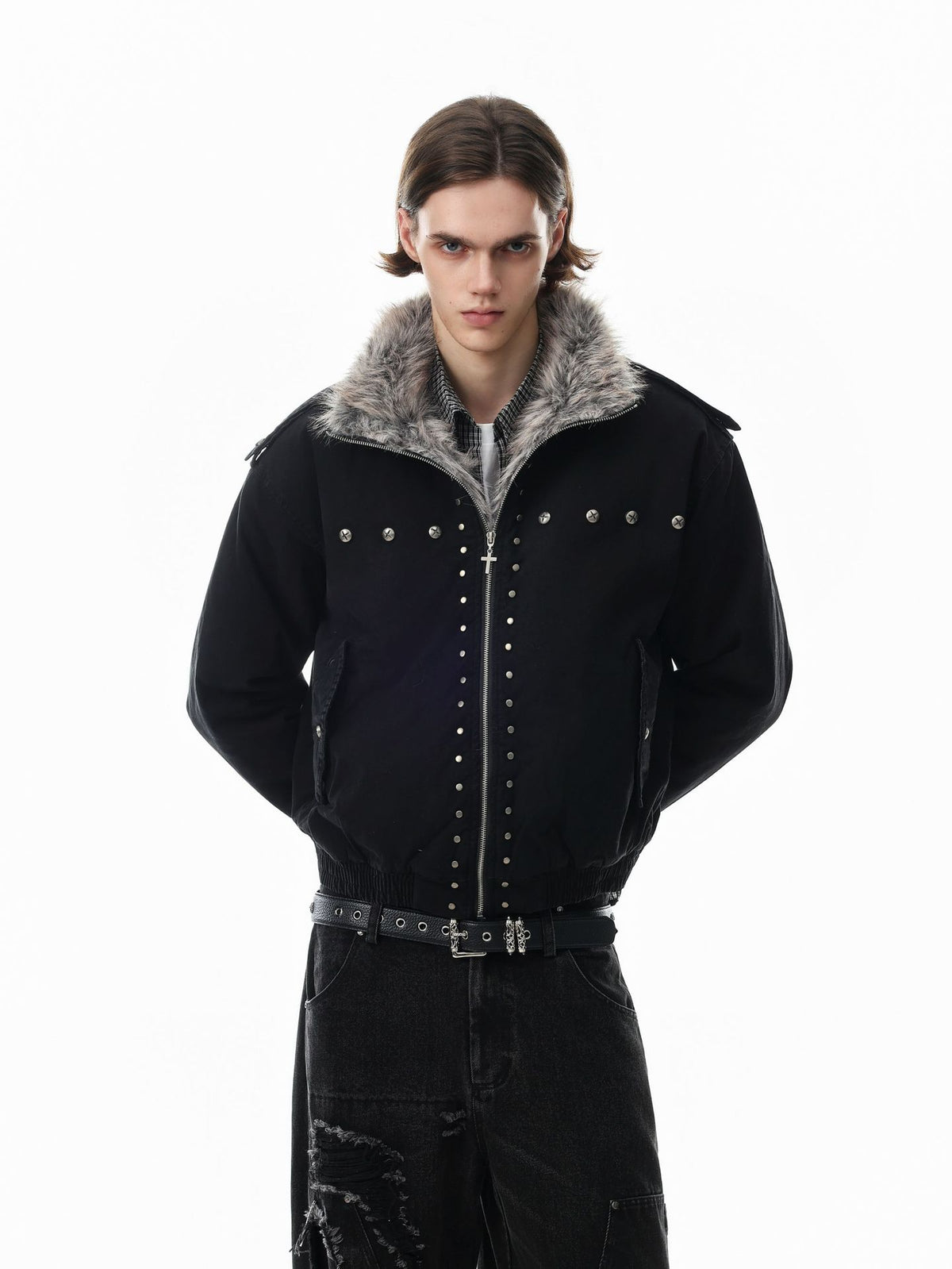 Studded Faux Fur Collar Bomber Jacket – Padded Moto-Inspired Winter Coat
