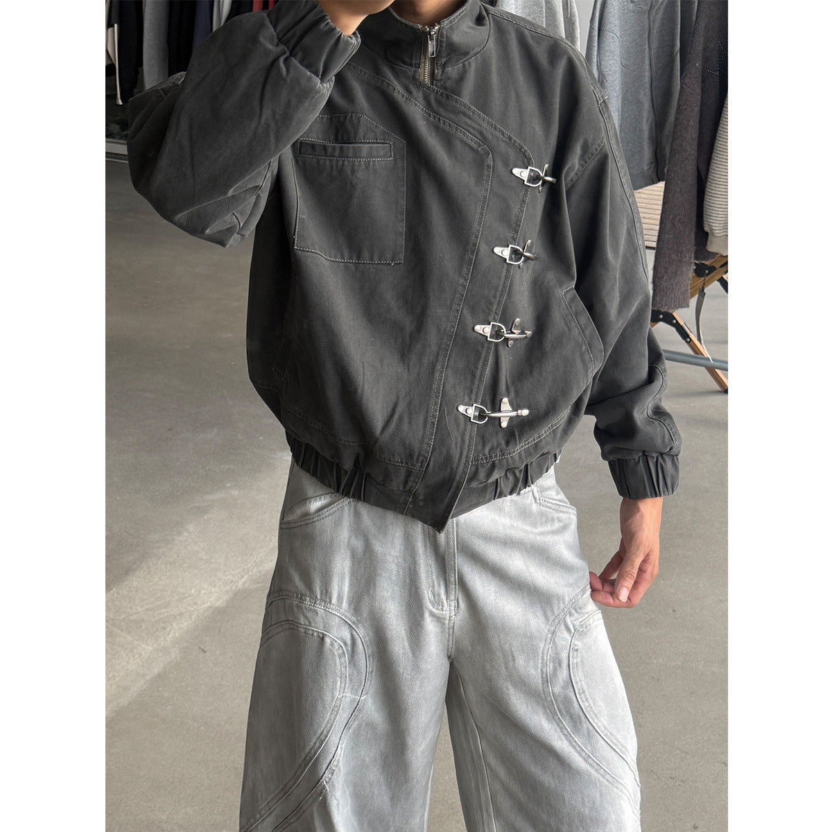 Metal Clasp Bomber Jacket – Washed Cotton Flight Jacket with Diagonal Buckle
