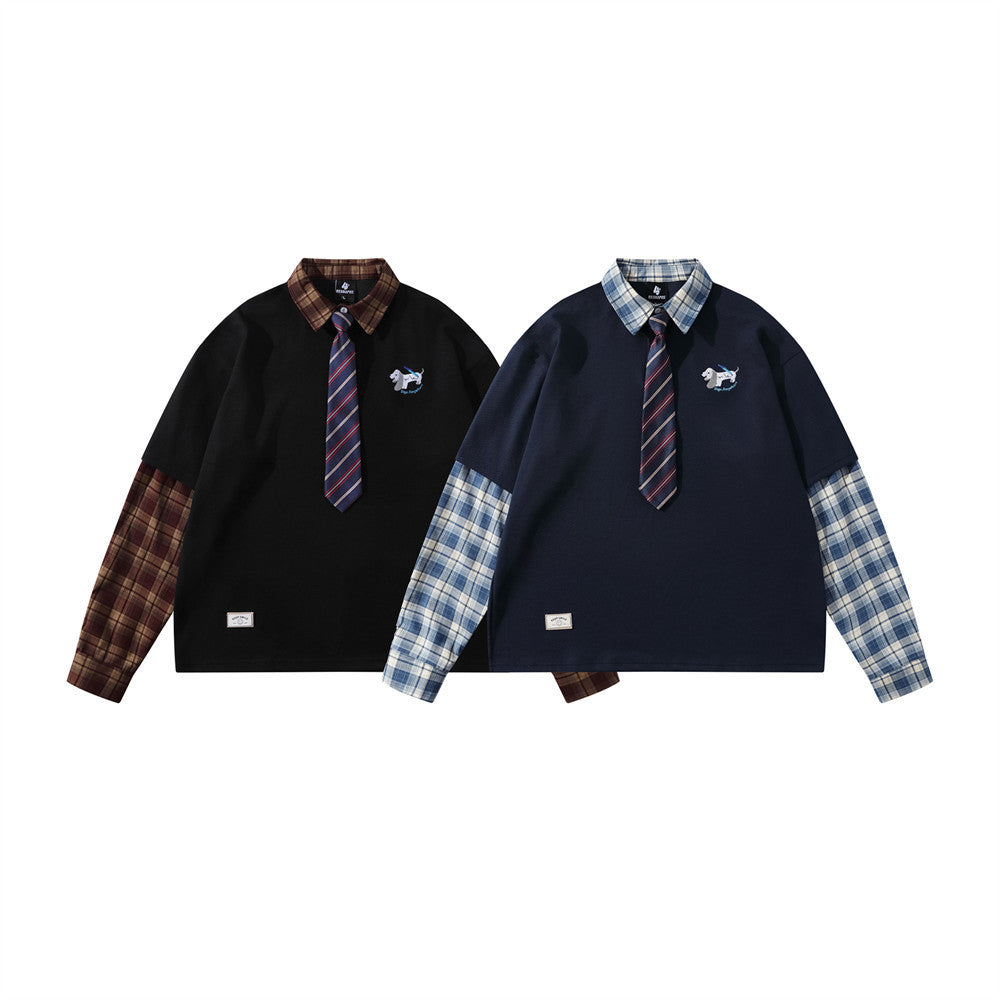Plaid Patchwork Pullover Sweatshirt with Detachable Tie – Preppy College Style