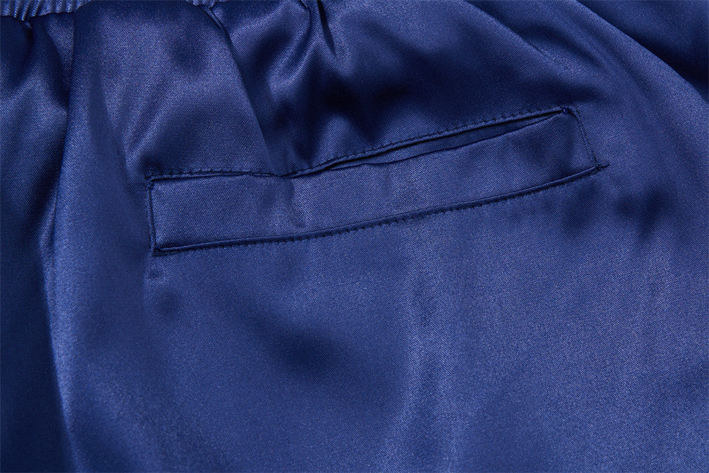 Wide Leg Satin Pants – Signature Print, Elastic Drawstring Waist