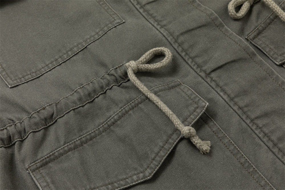 Men's Olive Military Field Jacket – Star Studs, Multi-Pocket, Drawstring Waist