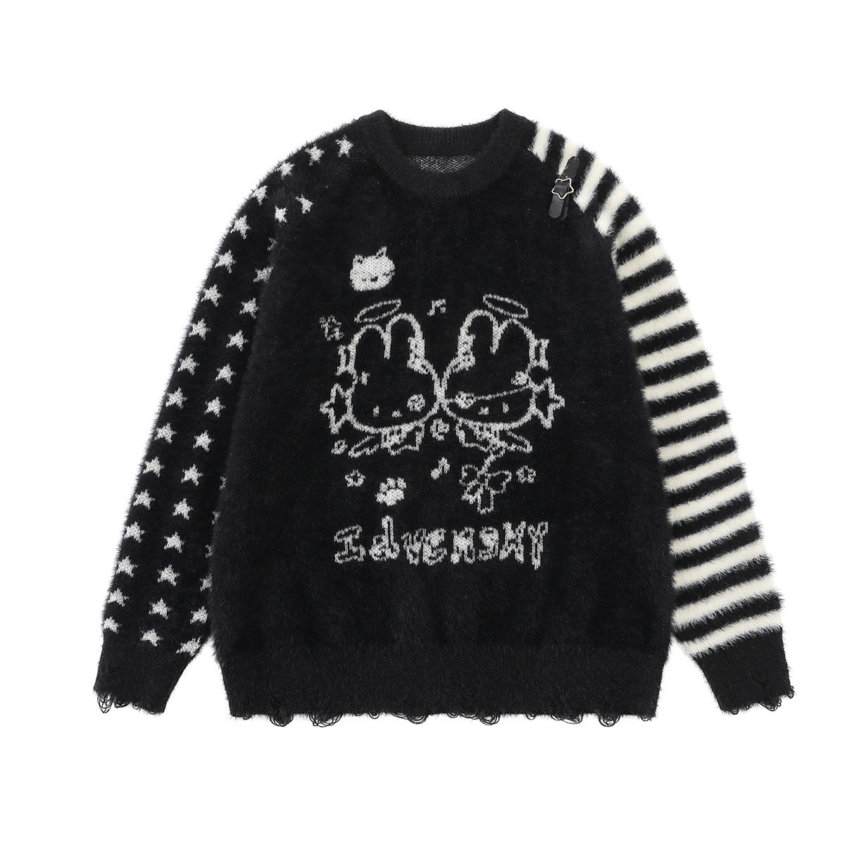 Cartoon Rabbit Angel Knit Sweater – Mixed Star & Stripe Fuzzy Pullover with