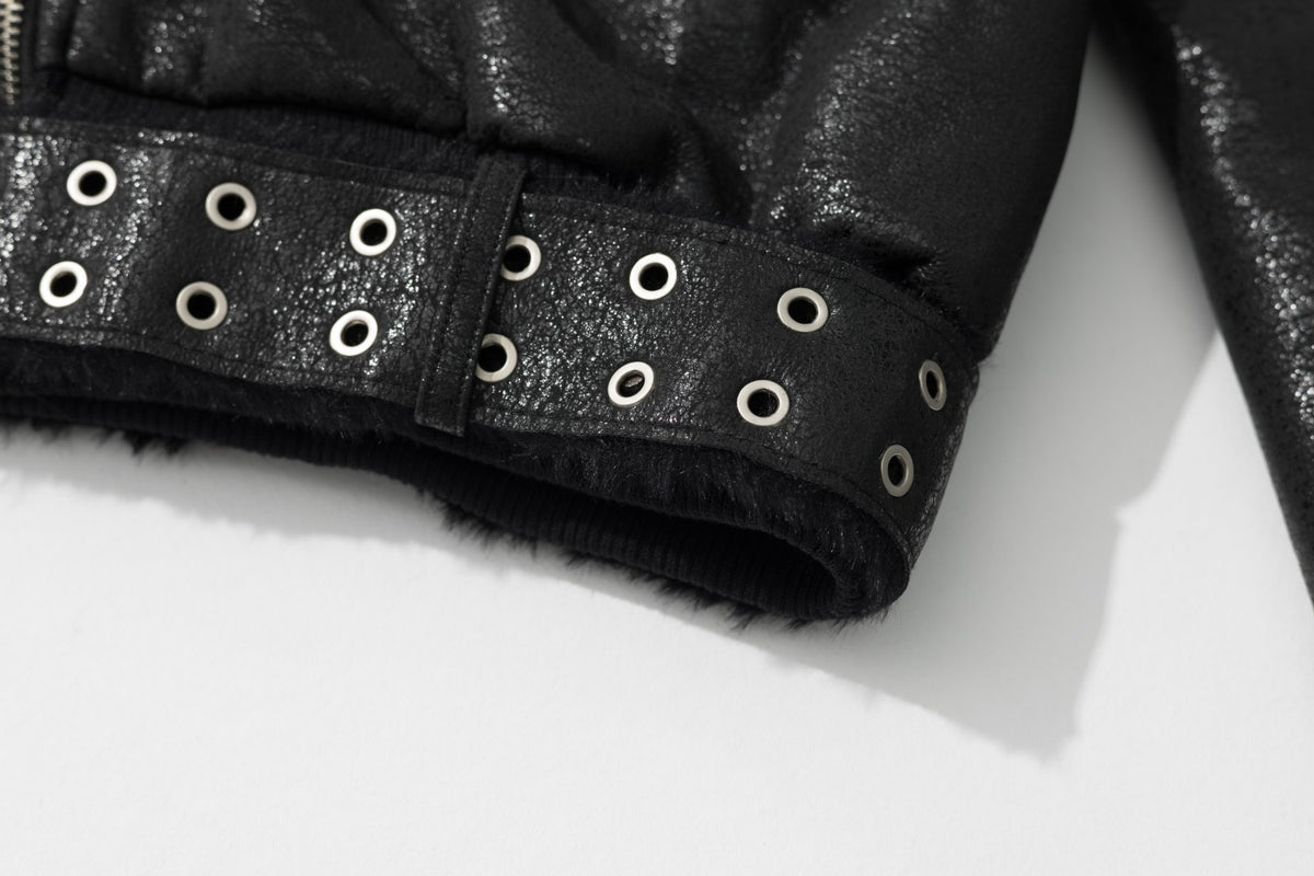 Faux Leather Bomber Jacket with Fur-Trim Hood & Fleece Lining — Black