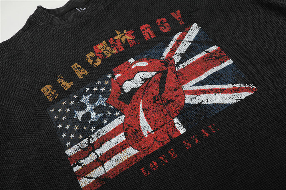 Long Sleeve Waffle Knit Graphic Tee – US & UK Flag Rock Print