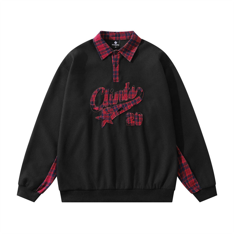 Oversized polo collar sweatshirt with red plaid patchwork panels and embroidered Clints 20 varsity graphic on chest