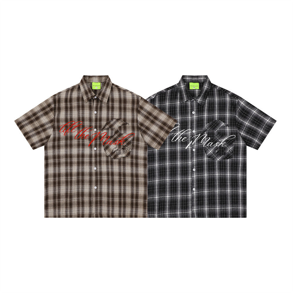 Oversized Plaid Short Sleeve Shirt with Embroidered Script Graphic