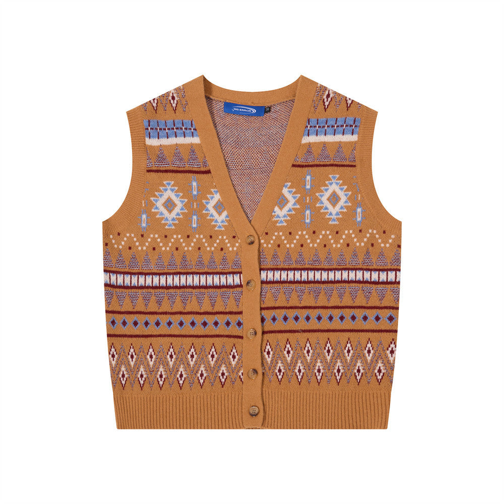 Men's caramel orange V-neck Fair Isle jacquard knit button-front sweater vest, front view
