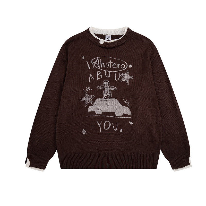 Crew Neck Graphic Knit Sweater – Retro American Campus Style