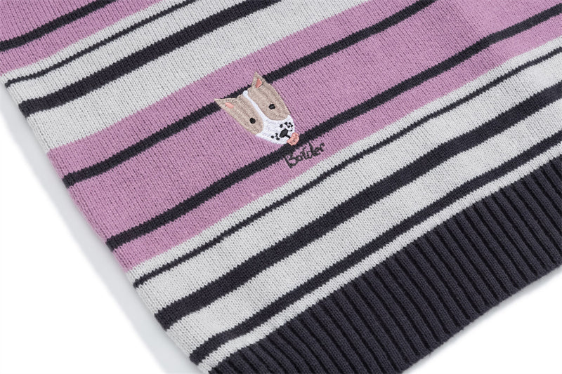 Striped V-Neck Sweater Vest with Dog Embroidery – Relaxed Fit Knit