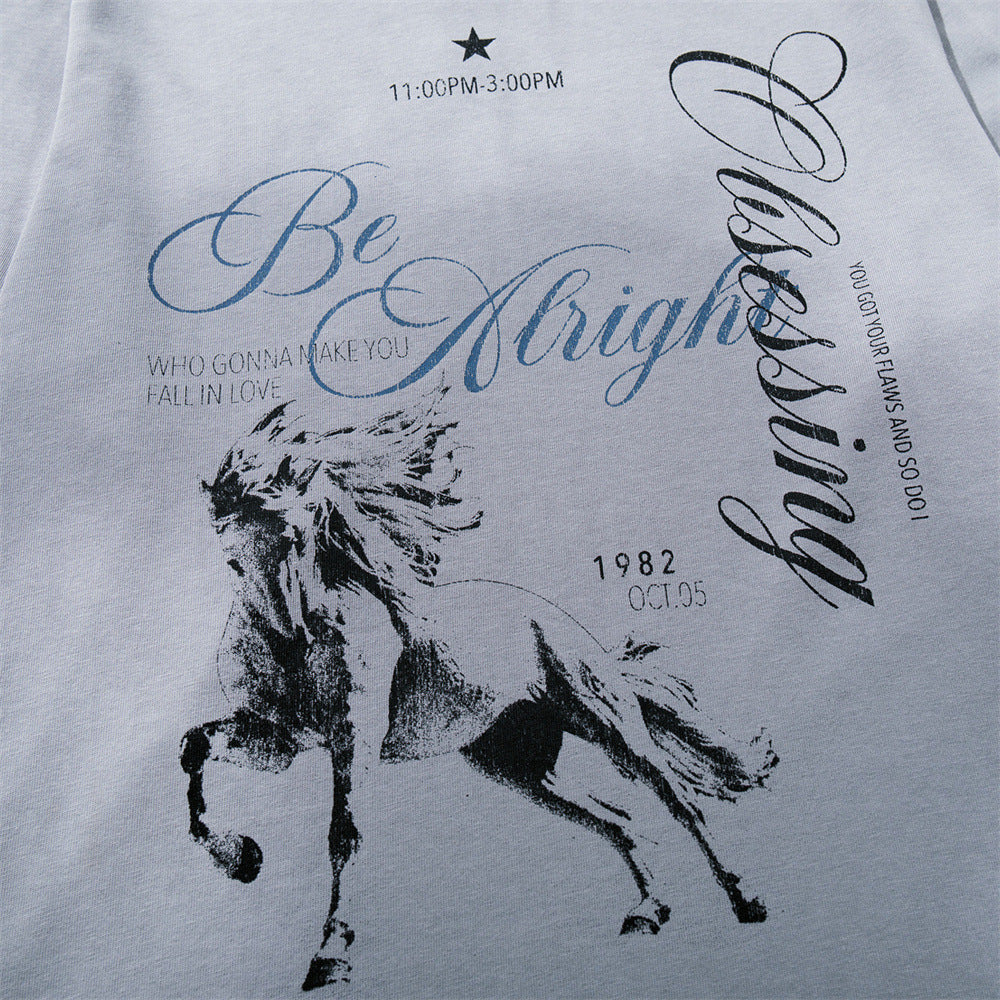 Galloping Horse Graphic Long-Sleeve T-Shirt — Vintage Washed Mock-Neck