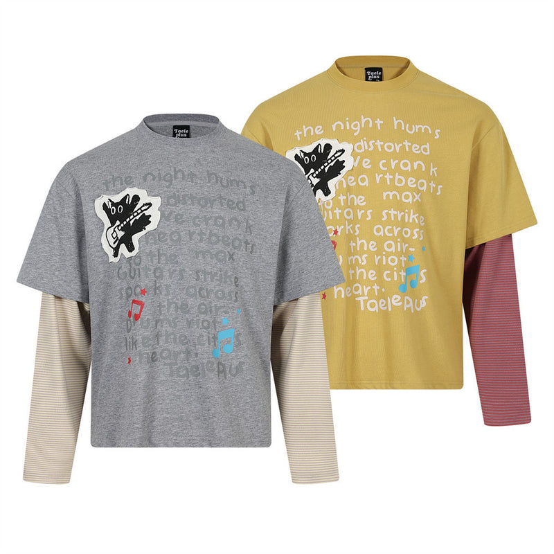 Layered-Look Graphic Long Sleeve Tee with Striped Contrast Sleeves