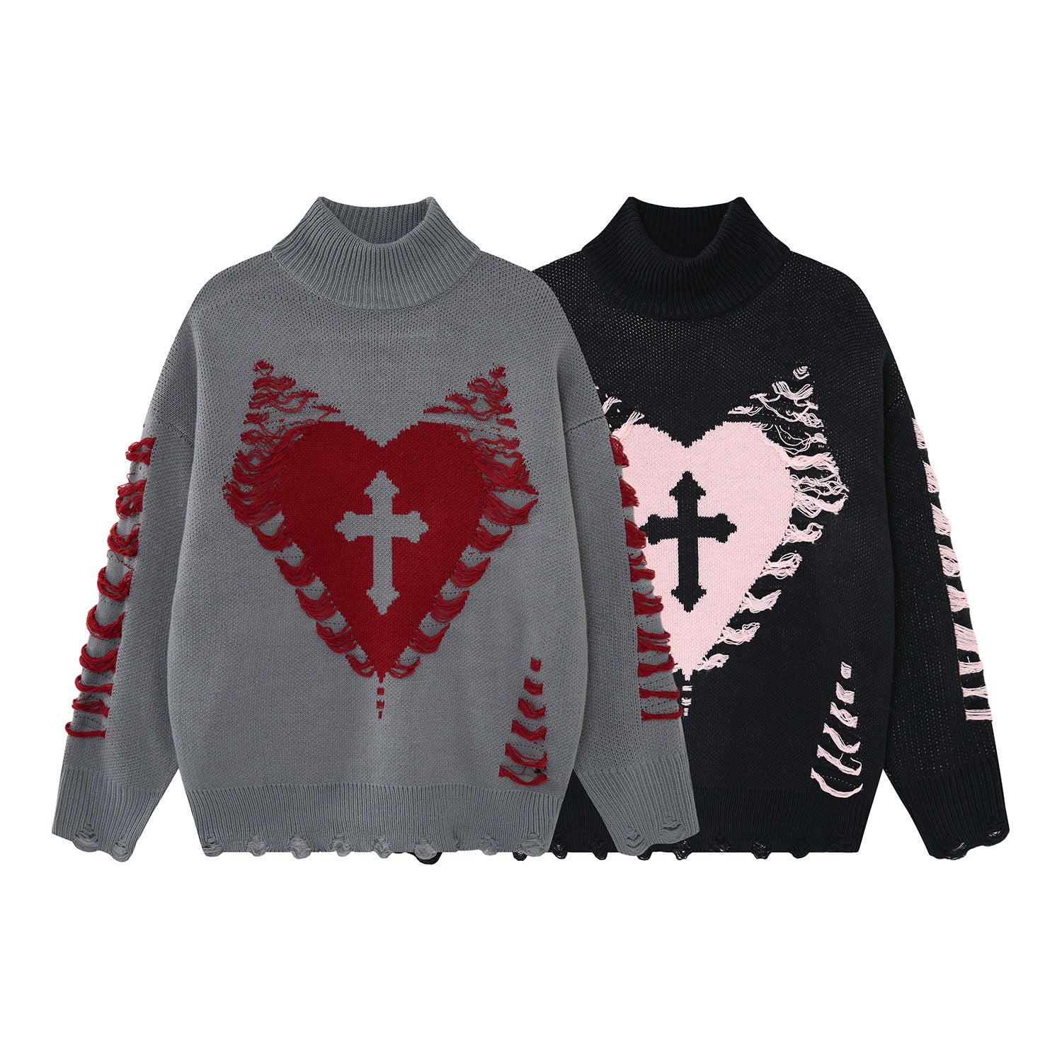 Pull à col montant Cross Heart en maille délavée – Jacquard gothique sombre à franges
