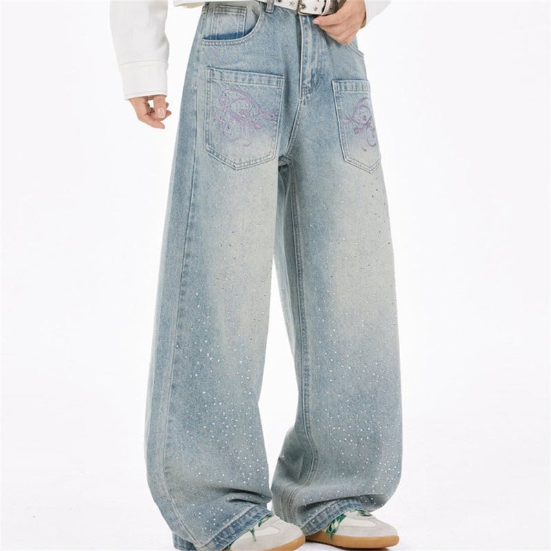 Baggy Denim Jeans Men – Rhinestone Scatter & Dragon Embroidery Wide-Leg Straight