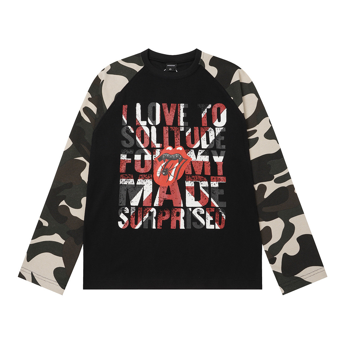 Baggy Long Sleeve Shirt – Camo Raglan Sleeves & Vintage Rock Graphic