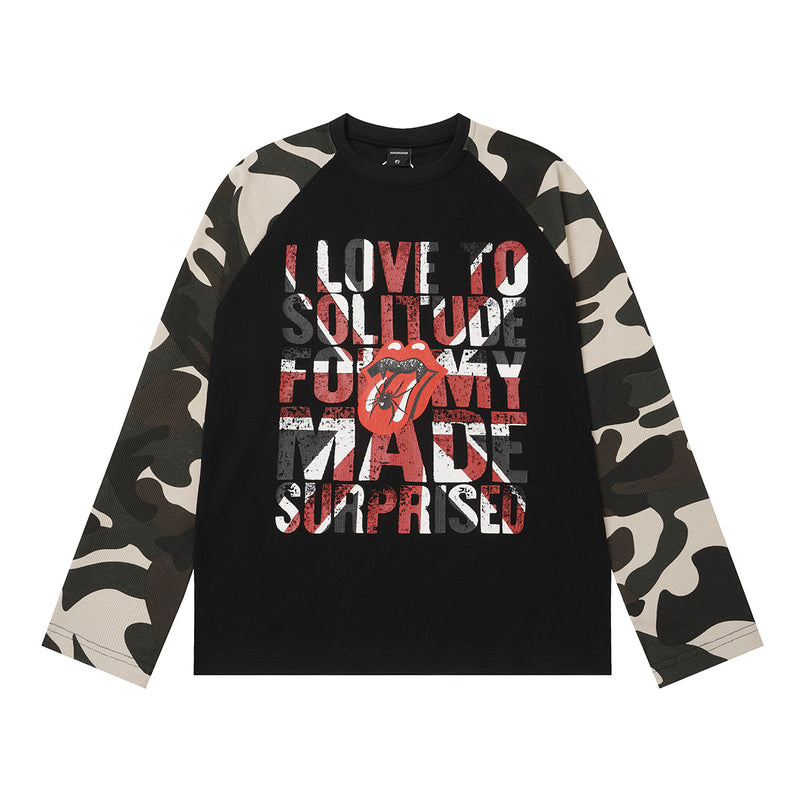 Baggy Long Sleeve Shirt – Camo Raglan Sleeves & Vintage Rock Graphic