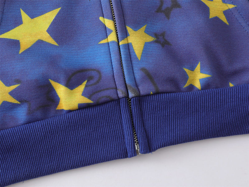 Thick Zip-Up Hoodie Allover Star Print with Embroidered Script Logo