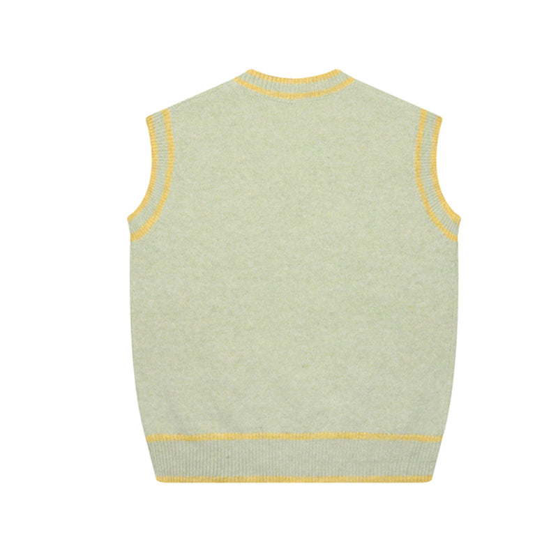 V-Neck Knit Sweater Vest with Cute Puppy Picnic Embroidery