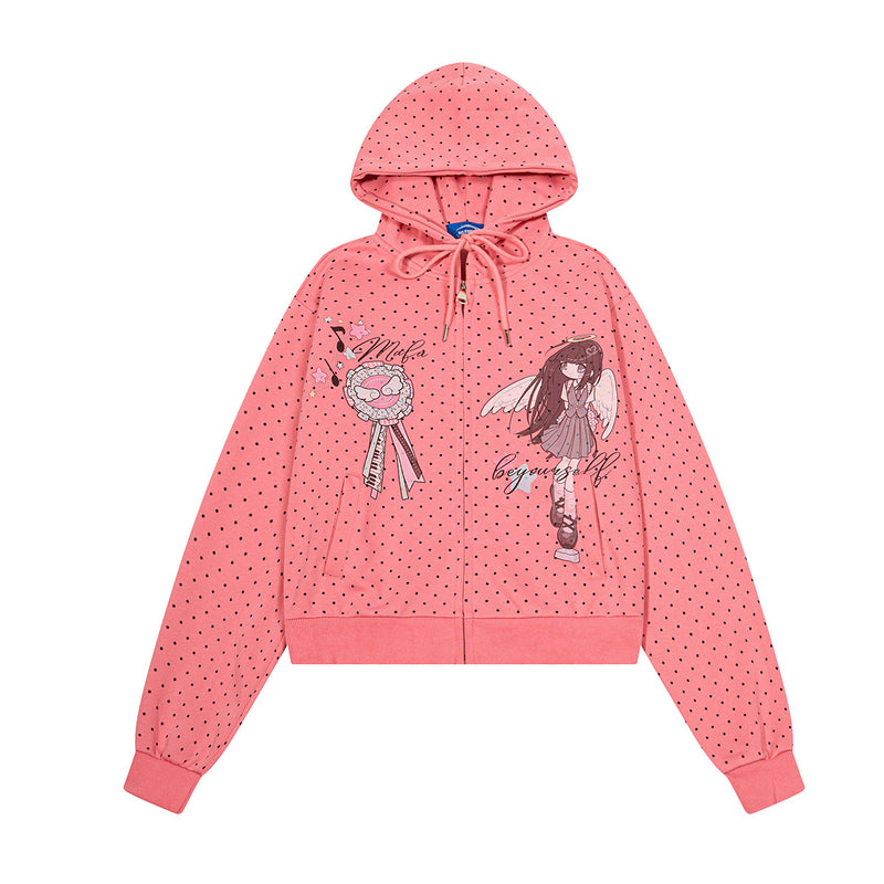 Sweat à capuche zippé raccourci imprimé pois, rose corail, avec motif de fille ange, vue de face