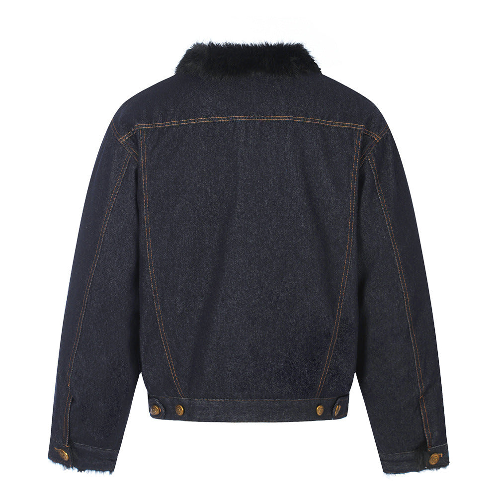 Dark Indigo Denim Jacket Men – Faux Fur Collar Sherpa-Lined Winter Trucker Coat