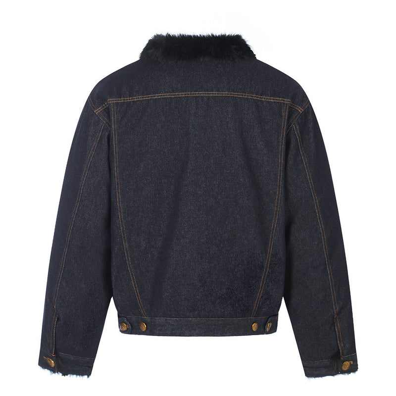 Dark Indigo Denim Jacket Men – Faux Fur Collar Sherpa-Lined Winter Trucker Coat