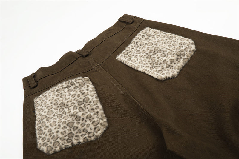 Men's Wide-Leg Cargo Pants with Leopard Fur Trim & Multi-Pocket Design