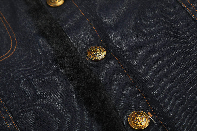Dark Indigo Denim Jacket with Faux Fur Collar & Fleece Lining