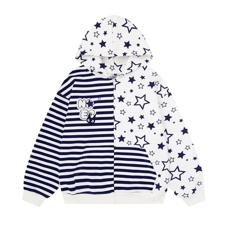Asymmetrischer Hoodie mit Sternen- und Streifenprint – Oversized Unisex-Cardigan mit Color-Block-Design