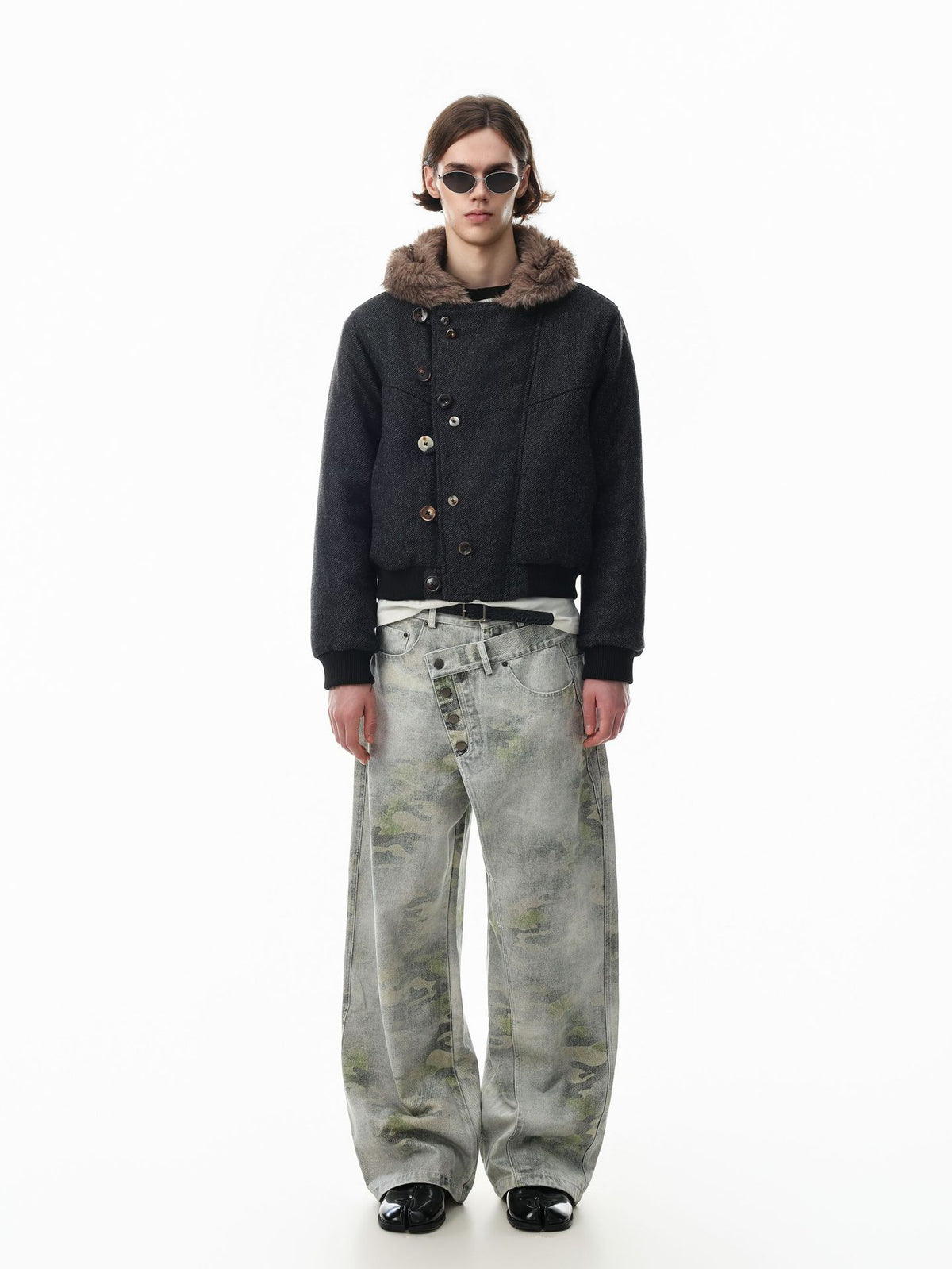 Hooded Bomber Jacket with Faux Fur Trim & Double-Button Front