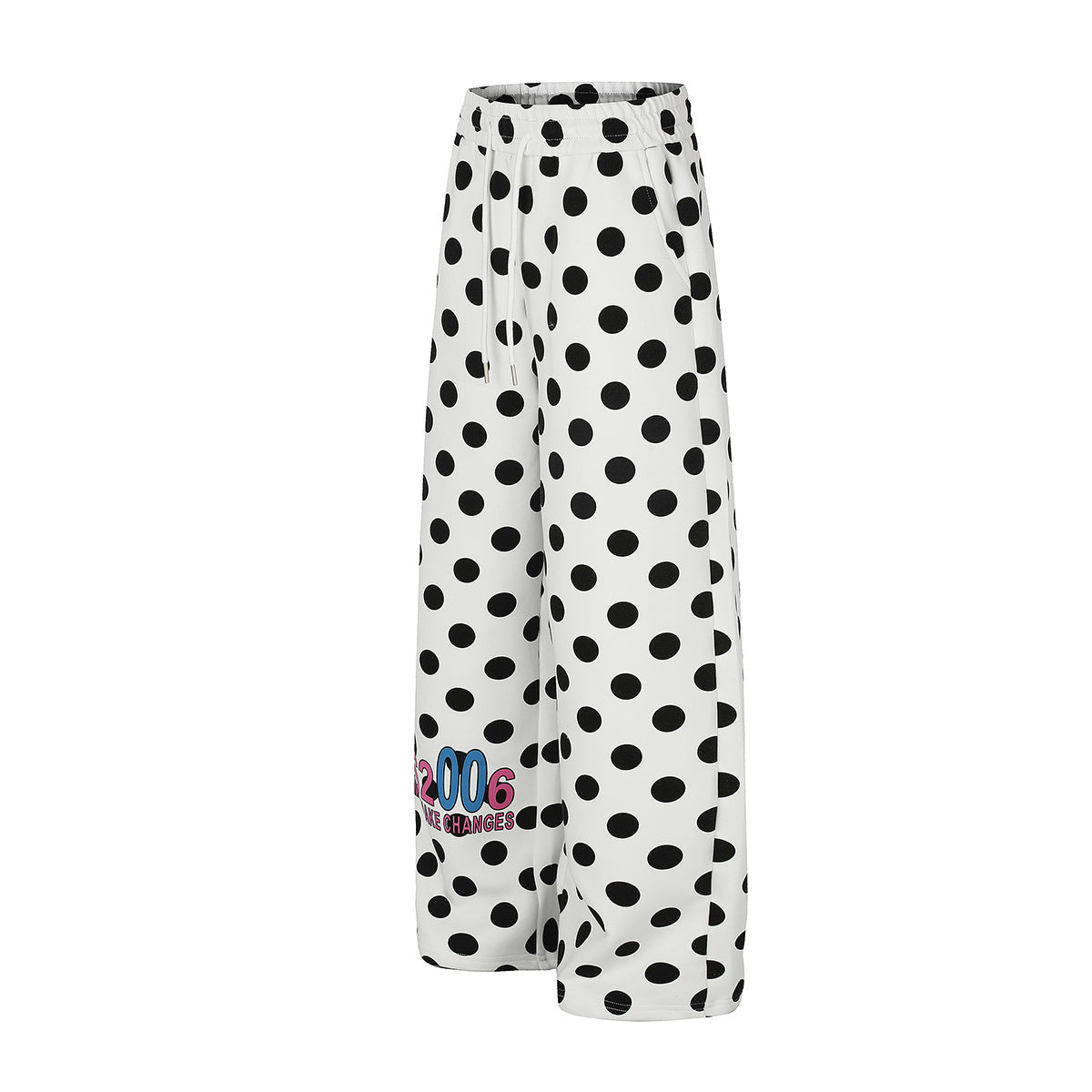 Wide-Leg-Jogginghose mit Polka-Dots – Weiß-Schwarzer Punktprint mit Kordelzugbund