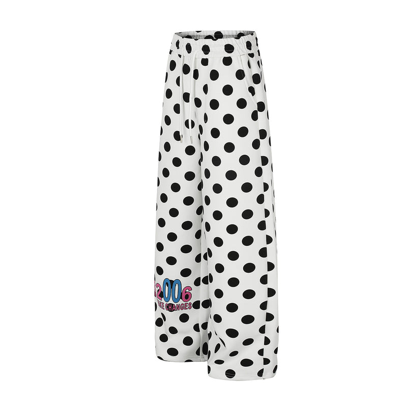 Wide-Leg-Jogginghose mit Polka-Dots – Weiß-Schwarzer Punktprint mit Kordelzugbund