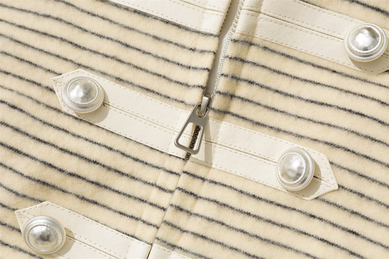 Striped Faux-Fur Hood Bomber Jacket – Double-Breasted Oversized Winter Coat