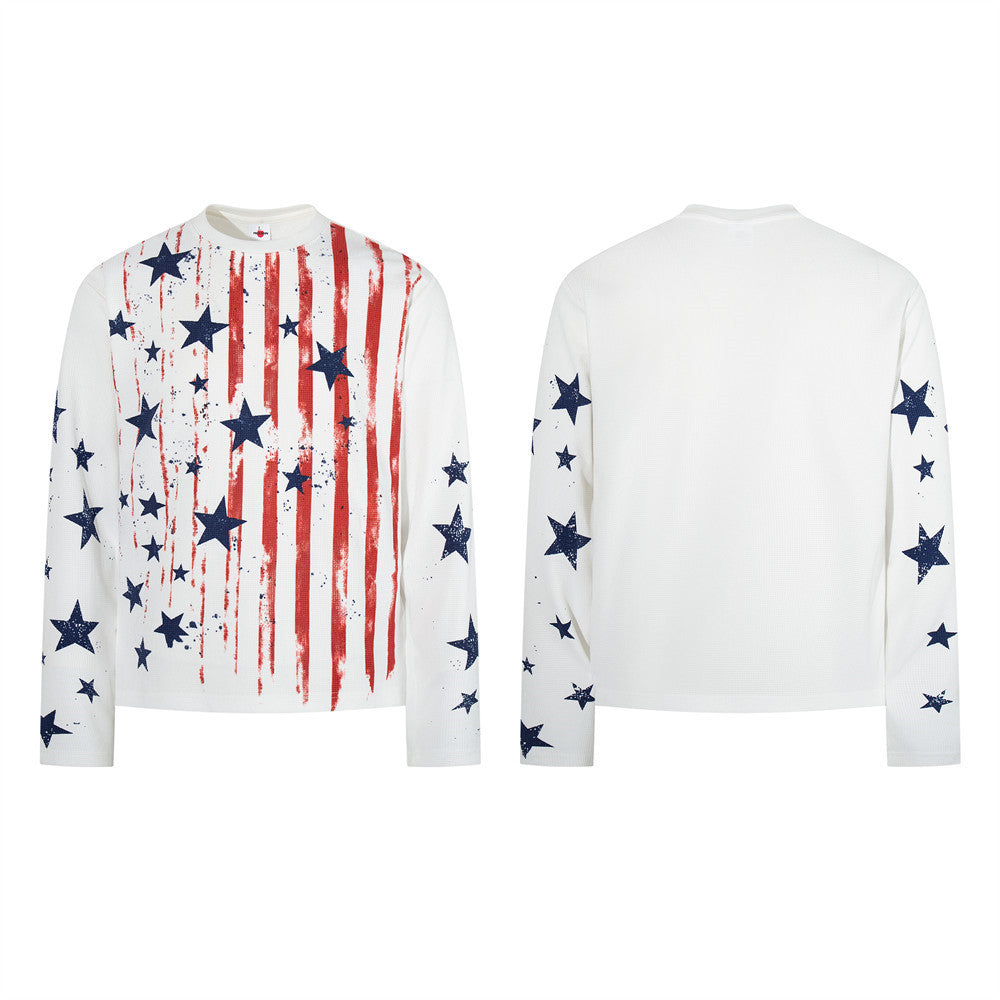 Men's American Flag Star Print Long Sleeve Shirt – Distressed Waffle-Knit Tee