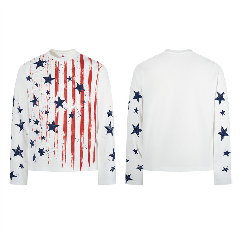 Men's American Flag Star Print Long Sleeve Shirt – Distressed Waffle-Knit Tee