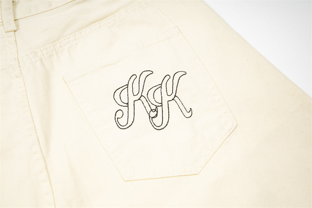 Wide-Leg Jeans with Letter Embroidery & Logo Waistband — Off White
