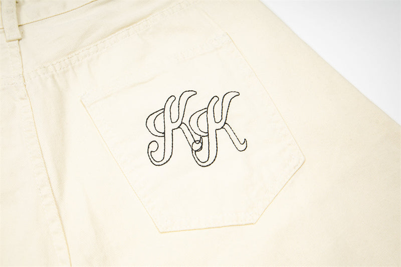 Wide-Leg Jeans with Letter Embroidery & Logo Waistband — Off White